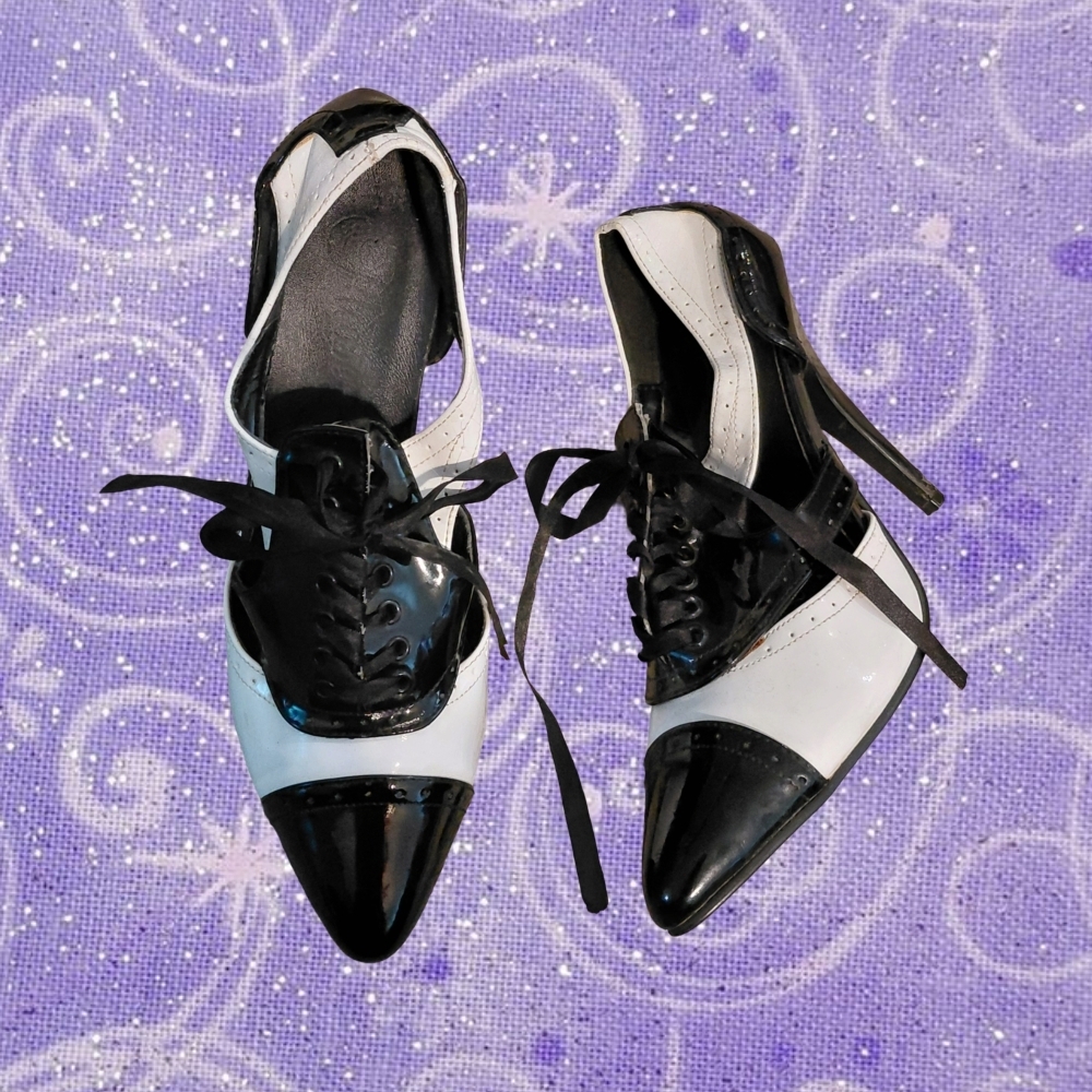 Pleaser Black and White Gangster Lace-Up Pointed Toe Heels